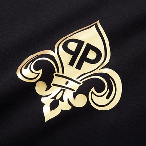 Men's oversized black t-shirt with premium golden PP floral logo graphic