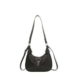 Minimalist black leather hobo crescent shoulder bag with silver hardware for women