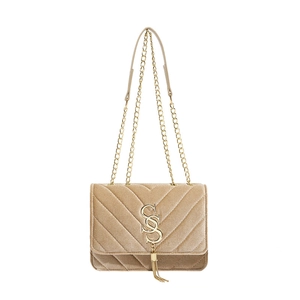Champagne velvet shoulder bag with V-quilted pattern and gold chain strap and logo
