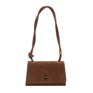 Brown frosted leather crossbody square bag with gold geometric lock and knotted strap
