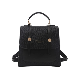 Fashionable black faux leather backpack with woven texture and gold metal studs
