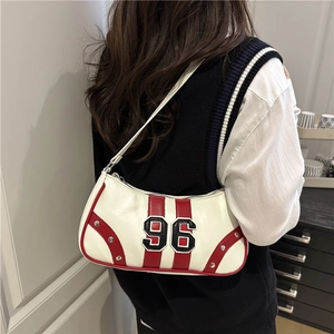 Retro sporty cream shoulder bag with red stripes and number 96 embroidery