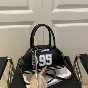 Women American Retro Glossy PU Leather Bowling Bag With LOS ANGELES 95 Print Silver Chain Shoulder Crossbody Bag