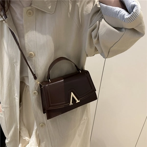 Deep brown matte leather square crossbody bag with vintage gold hardware and top handle