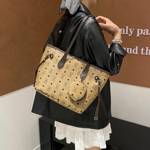 Women's tote bag set with bear pattern print and adjustable drawstring in khaki and brown