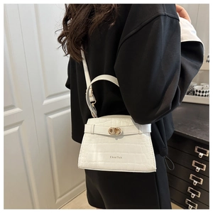 Detailed close-up of white crocodile pattern leather handbag with gold metal clasp