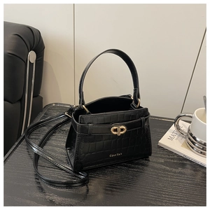 Detail of black crocodile texture leather bag with golden clasp and branding