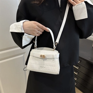 Fashionable white faux crocodile leather small square bag with golden turn-lock closure