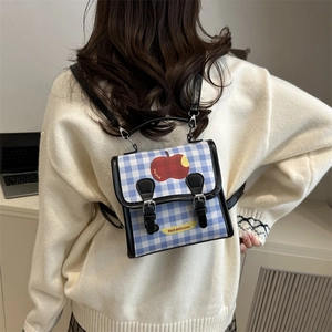 Blue gingham mini backpack for women with red apple print and fashion backpack design