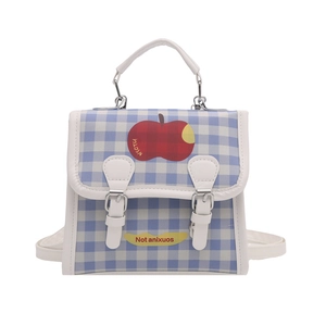 Blue and white checkered backpack with apple print and buckle closure on white background
