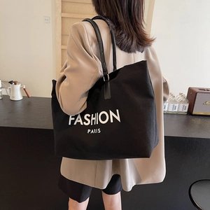 Bolso tote grande de lona negra con estampado Fashion Paris y correas de cuero para mujeres