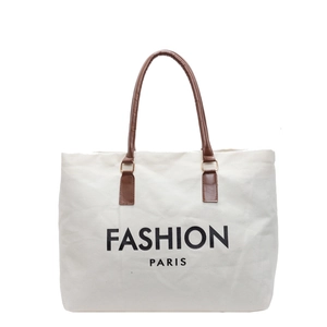 Bolso tote de lona blanca con asas de cuero sintético marrón y estampado Fashion Paris