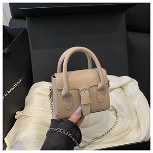 Close-up of beige mini crossbody bag with silver buckle and elegant chain strap detail