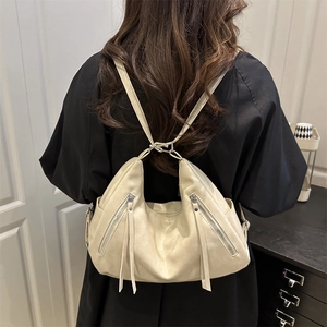 Multifunctional beige soft leather backpack and shoulder bag with large capacity