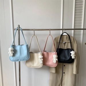 Women's Minimalist PU Leather Small Square Shoulder Bag Autumn Winter New Tote Bag With Plush Bear Pendant Casual Handbag