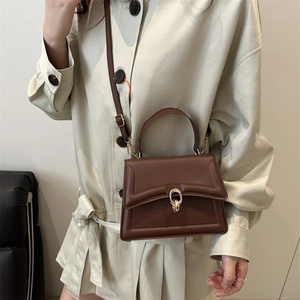 Deep brown leather crossbody bag with oval gold buckle and adjustable strap