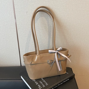 Minimalist Women PU Leather Tote Bag Fashion Bow Ribbon Shoulder Bag Large Capacity Underarm Bag Daily Commute Handbag
