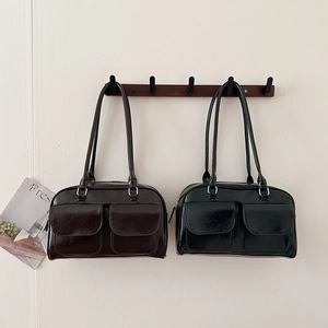 Vintage Women PU Leather Shoulder Bag Double Pocket Underarm Bag With Detachable Artificial Pearl Lace Bow Pendant Retro Niche Design Handbag For Daily Work Travel Casual