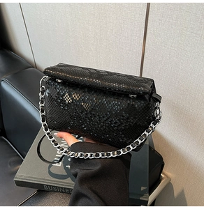 Close-up of black snakeskin texture and silver chain strap on this women's bag