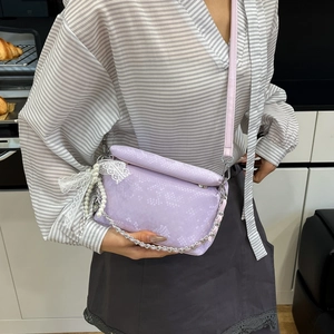 Pale purple square crossbody bag with pearl chain and lace bow detail for women