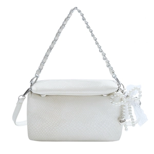 Chic white square crossbody bag with snake texture, pearl bow and chain strap