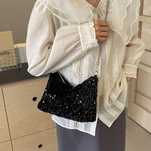 Fashionable black sequin shoulder bag with silver chain strap for women party wear