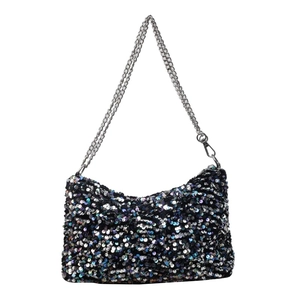 Fashionable black sequin shoulder bag with silver chain strap on a white background
