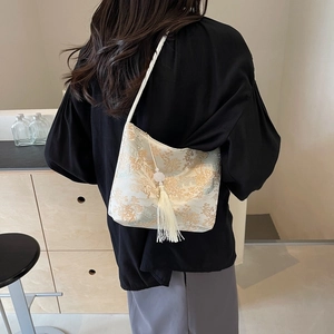 New Chinese style embroidered shoulder bag with white tassels and mountain landscape patterns