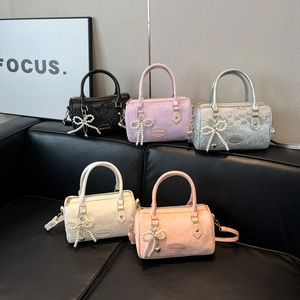 Women's Fashion PU Leather Snake Pattern Boston Bag With Artificial Pearl Bow Charm Small Crossbody Shoulder Bag Trendy Handbag