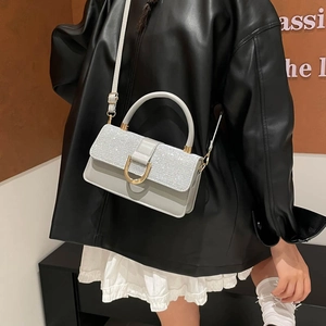 Fashionable grey leather square bag with silver sequins and gold U-buckle for women