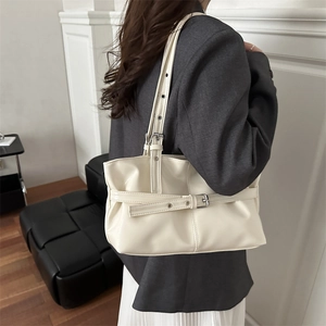 Chic cream white large capacity leather tote bag with adjustable metal buckle straps