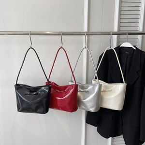 Women Stylish Shiny PU Leather Bow Bucket Bag French Chic Minimalist Shoulder Bag Versatile Hobo Underarm Handbag For Daily