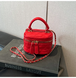 Detail of red quilted mini bag with gold dual zipper and chain strap on decorative book