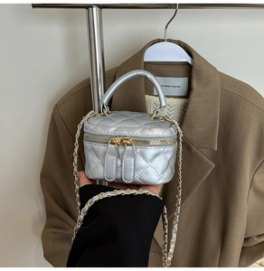Detailed macro view of silver quilted mini box bag with gold chain strap and zipper