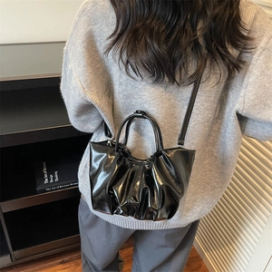Glossy black pleated cloud bag for women, versatile crossbody and top-handle handbag