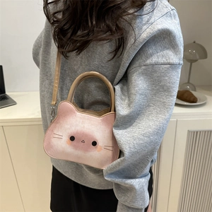 Sac à bandoulière chat rose avec poignée et imprimé mignon pour mode décontractée
