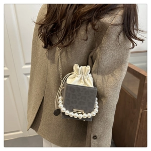 Details der grauen Leoparden-Box-Tasche mit weißem Kordelzug und Perlenketten-Riemen