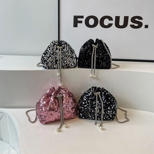 Women Fashion Sequin Bucket Bag With Chain Shoulder Strap And Pearl Drawstring Elegant Evening Party Crossbody Handbag