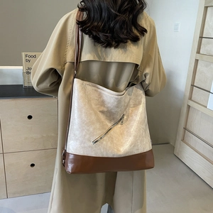 Minimalist large tote bag in off-white and caramel PU leather for women