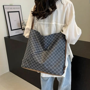 Large capacity blue-grey tote bag with geometric pattern and brown leather straps