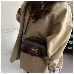 Detail of dark brown retro mini crossbody bag with golden buckle and sleek leather texture