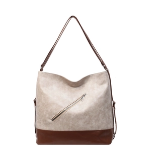 Large beige and brown minimalist tote bag with metal zipper and wide shoulder strap
