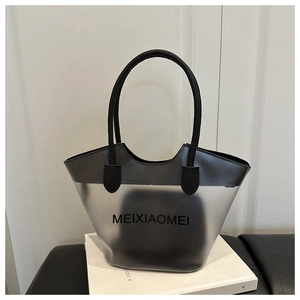 Detail of the waterproof frosted PVC tote bag with black leather handles and inner pouch
