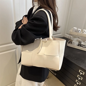 Large woven leather tote bag in cream white with a checkered texture for women