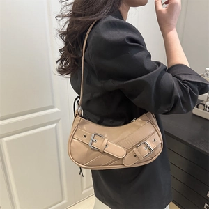 Retro khaki half-moon underarm bag with decorative straps and silver buckles for women