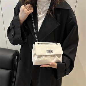 Chic beige ruched cloud bag with silver metal chain and vintage hollow twist lock buckle