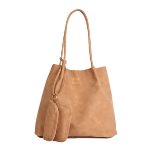 Retro camel suede tote bag with matching pouch and stylish HYLL ZZA gold lettering