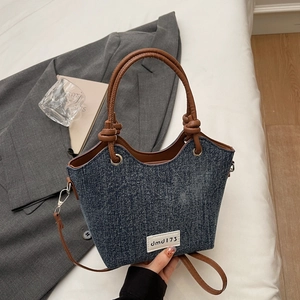 Borsa a Tracolla Retro in Denim per Donna Con Manico in Pelle PU a Nodo Borsa a Spalla Moda Pendolare Tote Bucket Bag Versatile