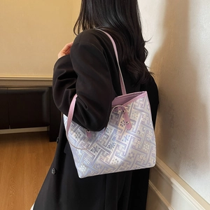 Ethnic pattern tote bag in purple and beige with long leather shoulder straps