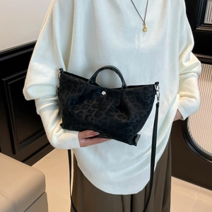 Large leopard print faux suede tote bag with top handle and detachable shoulder strap